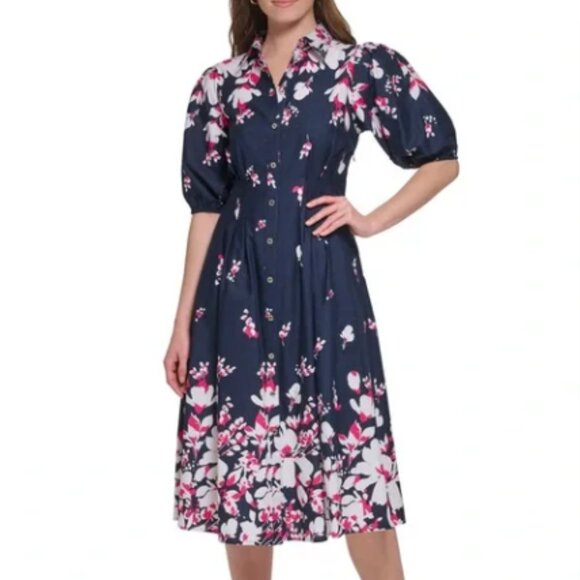 Tommy Hilfiger Puff-Sleeve Floral Midi Dress - Picture 1 of 4